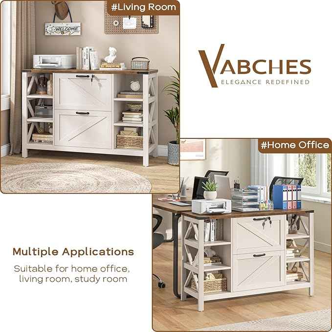 Vabches File Cabinet with 2 Drawers, Farmhouse Lateral File Cabinet Fits Files Letter/A4/Legal Size, Wooden Filing Cabinet with 4 Adjustable Shelves Printer Stand for Home Office, Rustic White