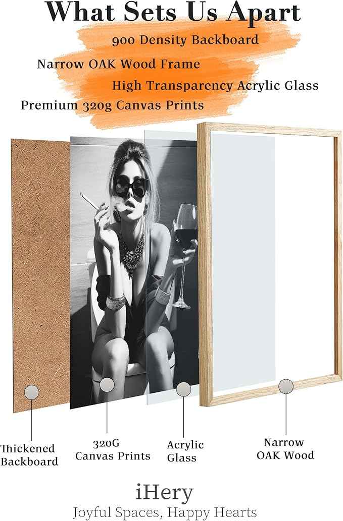 iHery Natural OAK Wood Framed Girl On Toilet Wall Art, 12x16in Canvas Woman On Toilet Smoking and Drinking Wine, Black and White Print, Funny Bathroom Art, Retro Wall Decor Set of 1