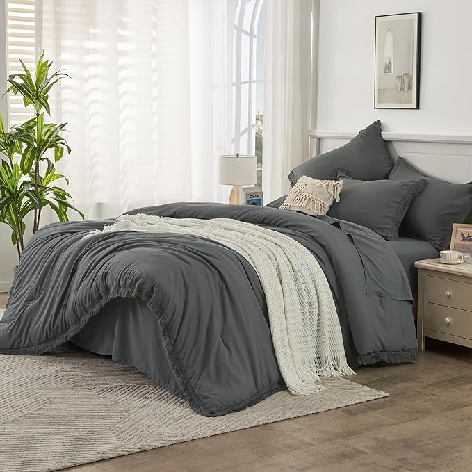 Andency California King Size Comforter Set with Sheets Dark Grey - 7 Pieces Cal King Bed in a Bag Boho Bedding Sets, Dark Grey Bed Set with Comforter, Sheets, Pillowcases & Shams
