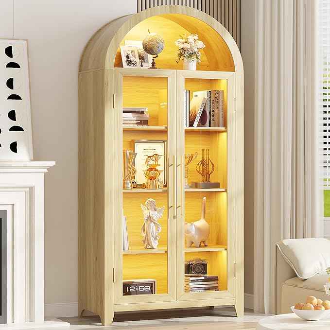 Vlsrka 71" Arched Storage Cabinet with Doors, Display Cabinet with LED Light & Human Sensor, 5-Tier Display Cases for Collectibles, Curio Cabinet with Ajustable Shelf for Living Room