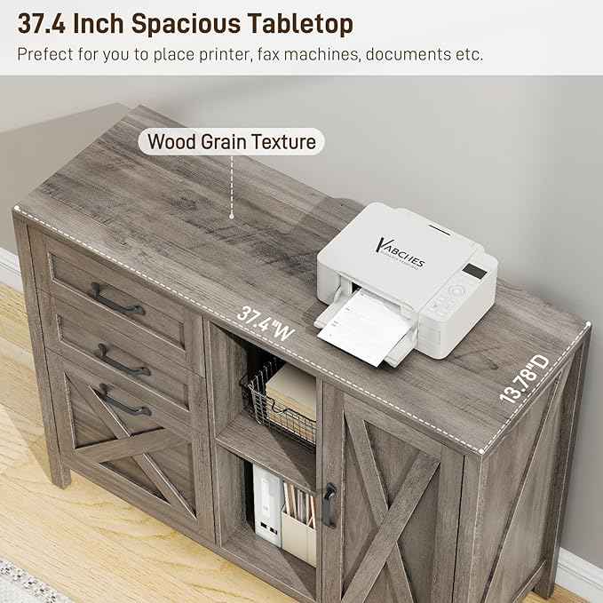 Vabches Lateral File Cabinet, Farmhouse 3 Drawer File Cabinet with Open Storage Shelf for Letter/Legal/A4 Size Hanging Files, Large Wood Storage Cabinets Printer Stand for Home Office, Grey