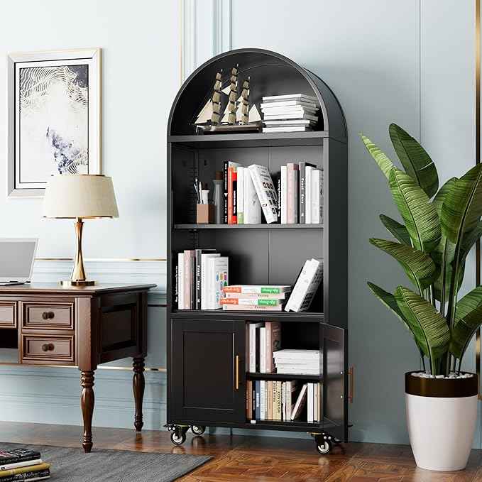 Metal Arched Bookcase with Wheels, Black Arched Bookshelf with 2 Adjustable Shelf for Home Office Living Room,Required Assembly