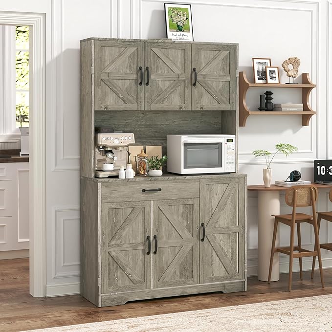 71" Pantry Cabinet with Charging Station, Large Capacity Kitchen Hutch Storage Cabinet, Kitchen Cabinet with Microwave Stand, Storage Drawers & Adjustable Shelves for Dining Room, Grey