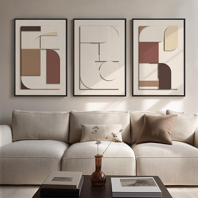Large 3D Textured Framed Neutral Wall Art for Living Room, Brown Tan Beige Geometric Texture Artwork for Walls, 3 Piece Modern Minimalist Sandstone Art Painting for Hallway Office Wall Decor, 20x30 In