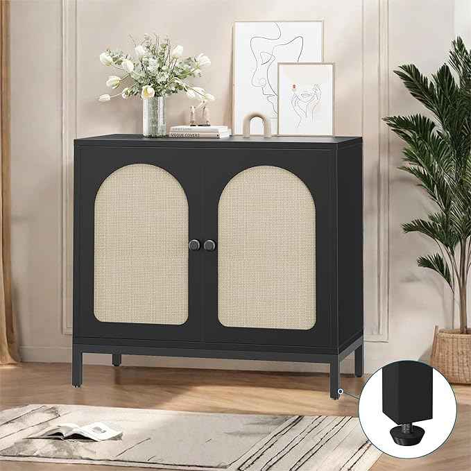GarveeHome Rattan Sideboard Buffet Cabinet Set of 2, Boho Accent Kitchen Storage Liquor Bar Console Cabinet with Adjustable Shelf for Living Room, Hallway, Black