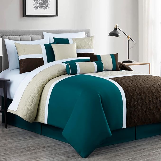 Chezmoi Collection Upland 7-Piece Quilted Patchwork Comforter Set, Teal/Beige/Brown, Full