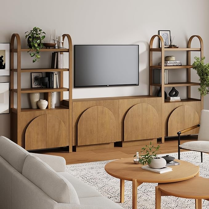 Nathan James Iris Sideboard and Bookcase Set, Mid-Century Modern Solid Wood Storage Unit with Arched Doors, 2 Cabinets and 2 Bookshelves with Cabinet, Light Brown