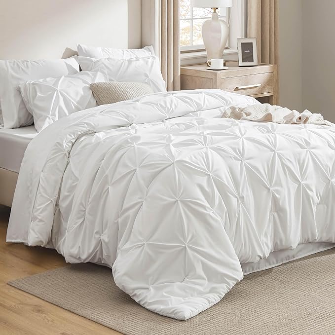 Bedsure King Size Comforter Set White - Bed in a Bag Bedding Set 7 Pieces, GentleSoft™ Pintuck Bed Set Gift for Family, Pinch Pleat White Comforter with Sheets, Pillowcases & Shams