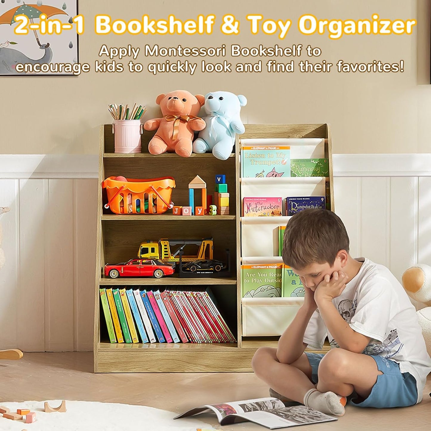 Kids Bookshelf, 4-Tier Kids Wooden Bookshelf with Toy Storage Montessori Toy Shelf, 32”L x 16”D x 32”H Nursery Bookshelves Childrens Bookcase Baby Toddler Book Shelf for Kids Rooms Clearance