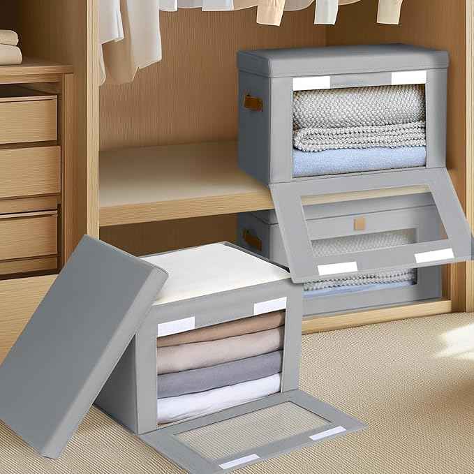 Small & Large Fabric Storage bins - Collapsible Storage Bins with Open Window, 4 Pack Closet Baskets for Shelves