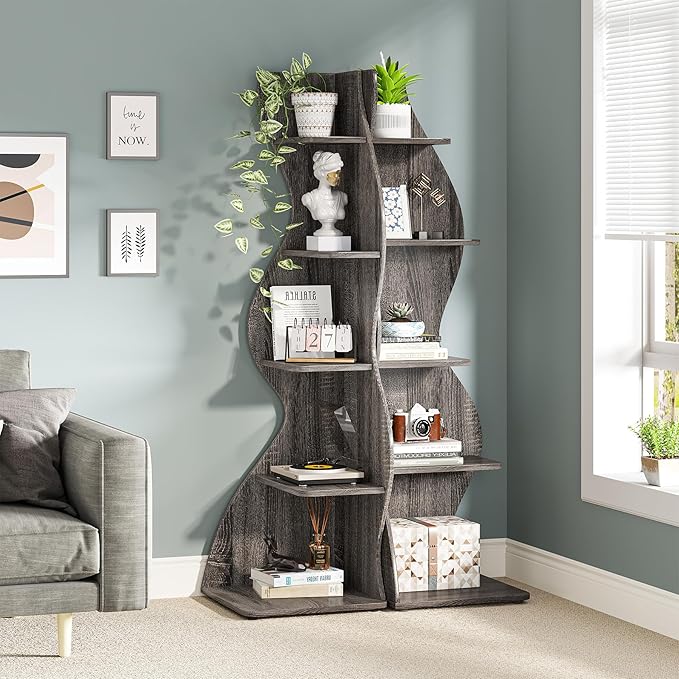 Tribesigns Corner Shelf, Modern 5-Tier Wall Corner Bookshelf, Stylish Corner Small Bookcase Storage Rack Plant Stand with Unique Shape for Living Room, Home Office(Gray, 2PCS)