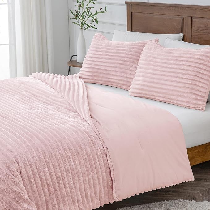 BEDELITE Fleece Full Comforter Set -Super Soft & Warm Fluffy Pink Bedding, Luxury Fuzzy Heavy Bed Set for Winter with 2 Pillow Cases
