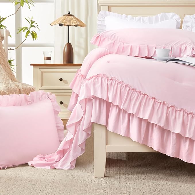 Andency Super King Ruffle Comforter Set, 3 Pieces Cute Shabby Chic Farmhouse Bedding Set, Soft Lightweight Oversized King Comforter Set 120x120 for Girls Women (1 Comforter 2 Pillowcases), Pink