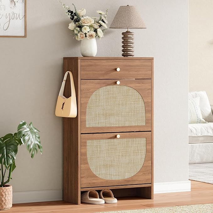Nicetree Shoe Cabinet for Entryway, Slim Shoe Rack with 2 Flip Drawers and Top Storage Drawer, Narrow Shoe Organizer with Printed Rattan-Look Design, Entryway Shoe Storage for Size 12 Shoes, Caramel