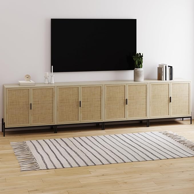 Nathan James Andrew Bohemian TV Stand or Kitchen Sideboard Credenza, Rattan Accent Cabinet with Metal Legs, Light Oak/Matte Black, Set of 4