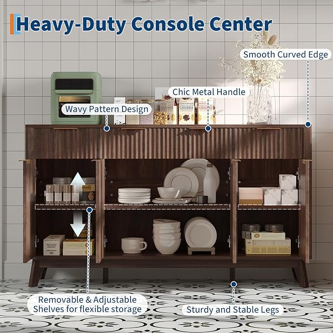 IDEALHOUSE 60" Large Farmhouse Sideboard Buffet Cabinet with Storage Drawers & Adjustable Shelves, Wood Fluted Buffet Storage Cabinet & Coffee Bar Console Table for Living Room & Kitchen Dining Room