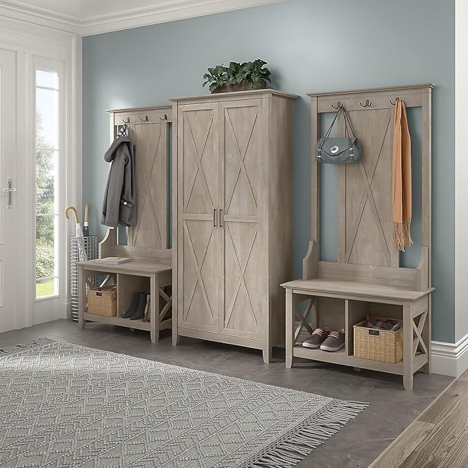 Bush Furniture Key West Tall Storage Cabinet with Doors and Shelves in Washed Gray, 2 Door Organizer for Home Office, Living Room, Entryway