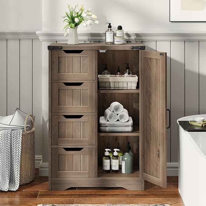 Vabches Farmhouse Bathroom Cabinet, Freestanding Storage Cabinet with 4 Drawers and 1 Door, Rustic Storage Organizer with Adjustable Shelf for Bathroom, Living Room, Entryway, Grey