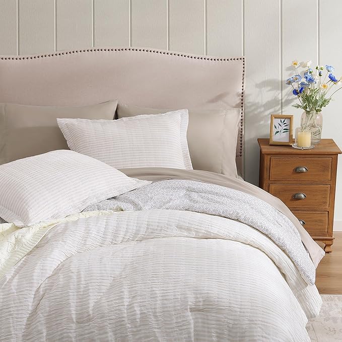 Queen Comforter Set - 7 Pieces Beige Gauze Muslin Bedding Sets for All Seasons, Lightweight Breathable Bed in a Bag Queen with Revesible Farmhouse Comforter, Sheets, Pillowcases & Shams