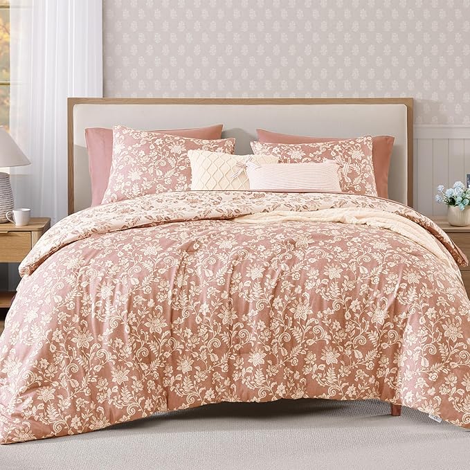 Full Comforter Set -7 Pieces Clay Pink Floral Comforter Set for All Seasons, Bed in a Bag Full with Botanical Flowers Comforter, Sheets, Pillowcases & Shams