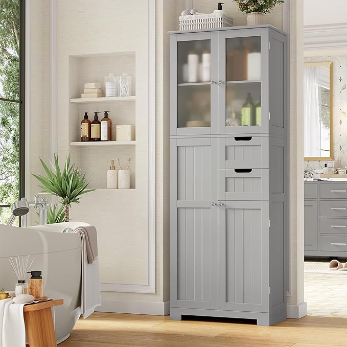 67'' Tall Bathroom Storage Cabinet, Kitchen Pantry Cabinet with Glass Doors and Adjustable Shelves, Kitchen Cupboard with 2 Drawers for Bathroom, Dining Room, Grey