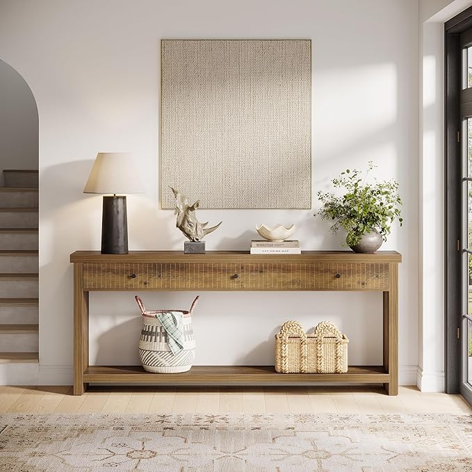 Tribesigns 70.9 inch Console Table with 3 Drawers, Extra Long Entryway Table, Wood Sofa Table Oak Furniture with Open Storage Shelves Wooden Couch Table Foyer Tables for Living Room Hallway Entrance