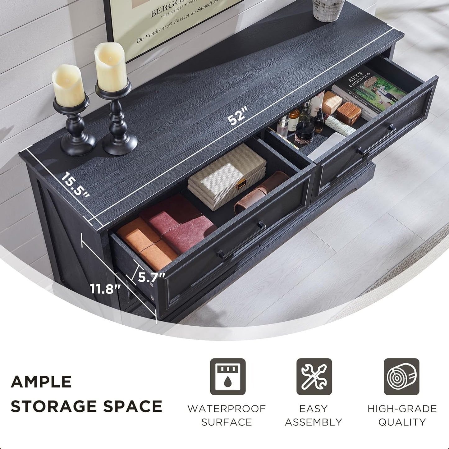 Farmhouse 6 Drawer Dresser for Bedroom, 52 Inch Wide Modern Dresser TV Stand with Large Drawers & Bar Handles, Rustic Wood Chest of Drawers for Bedroom, Living Room, Hallway, Black