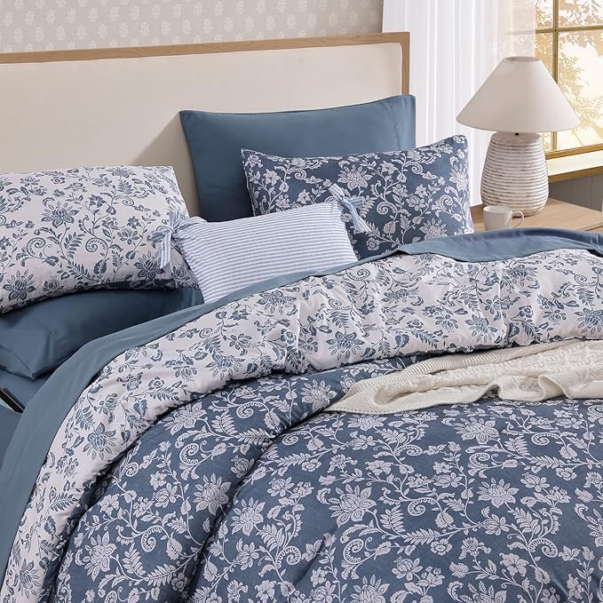 Full Comforter Set -7 Pieces Floral Oxford Blue Comforter Set for All Seasons, Bed in a Bag Full with Botanical Flowers Comforter, Sheets, Pillowcases & Shams