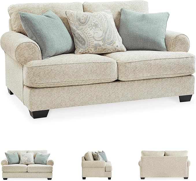 Signature Design by Ashley Monaghan Vintage Loveseat with Accent Pillows, Reversible Cushions and Rolled Arms, Beige
