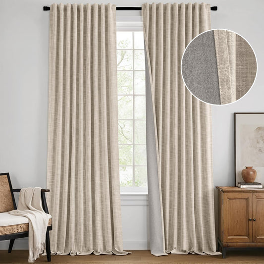 MIULEE Beige 100% Blackout Linen Curtains 105 Inch 2 Panels Set Double Sided No Coating Pleated Back Tab Black Out Long Thermal Insulated Pinch Pleat Bedroom Living Room Darkening Window Drapes