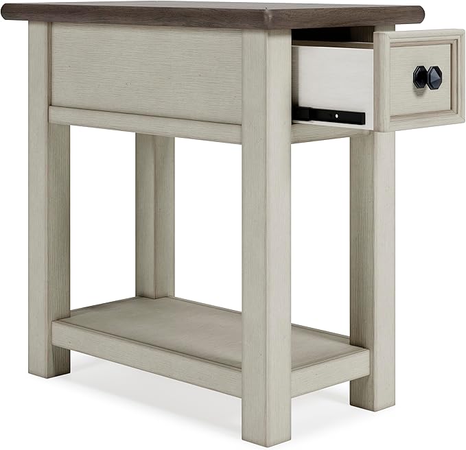 Signature Design by Ashley Bolanburg Chair Side End Table , USB Charging Ports, Drawer, Oak Wood, 14" W x 24.13" D x 24.13" H, 2-Tone Light Brown & Whitewash
