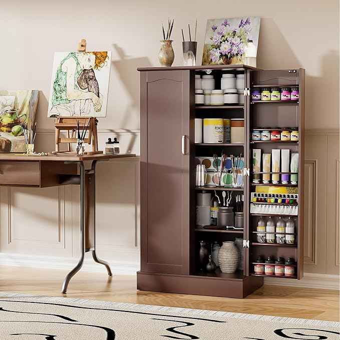 47” Pantry Cabinet, Kitchen Pantry Storage Cabinet with Doors & Adjustable Shelves, Brown Freestanding Buffet Cupboards Sideboard for Living Room and Dinning Room, Sturdy and Durable