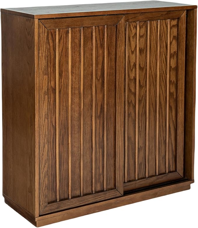 Ball & Cast 32" Mid Century Sideboard Cabinet with 2 Sliding Doors & Solid Wood Decorative Strips, Vintage Storage Cabinet with Outlet Hole for Living Room, Kitchen, Dining, Entryway, Hallway,Walnut