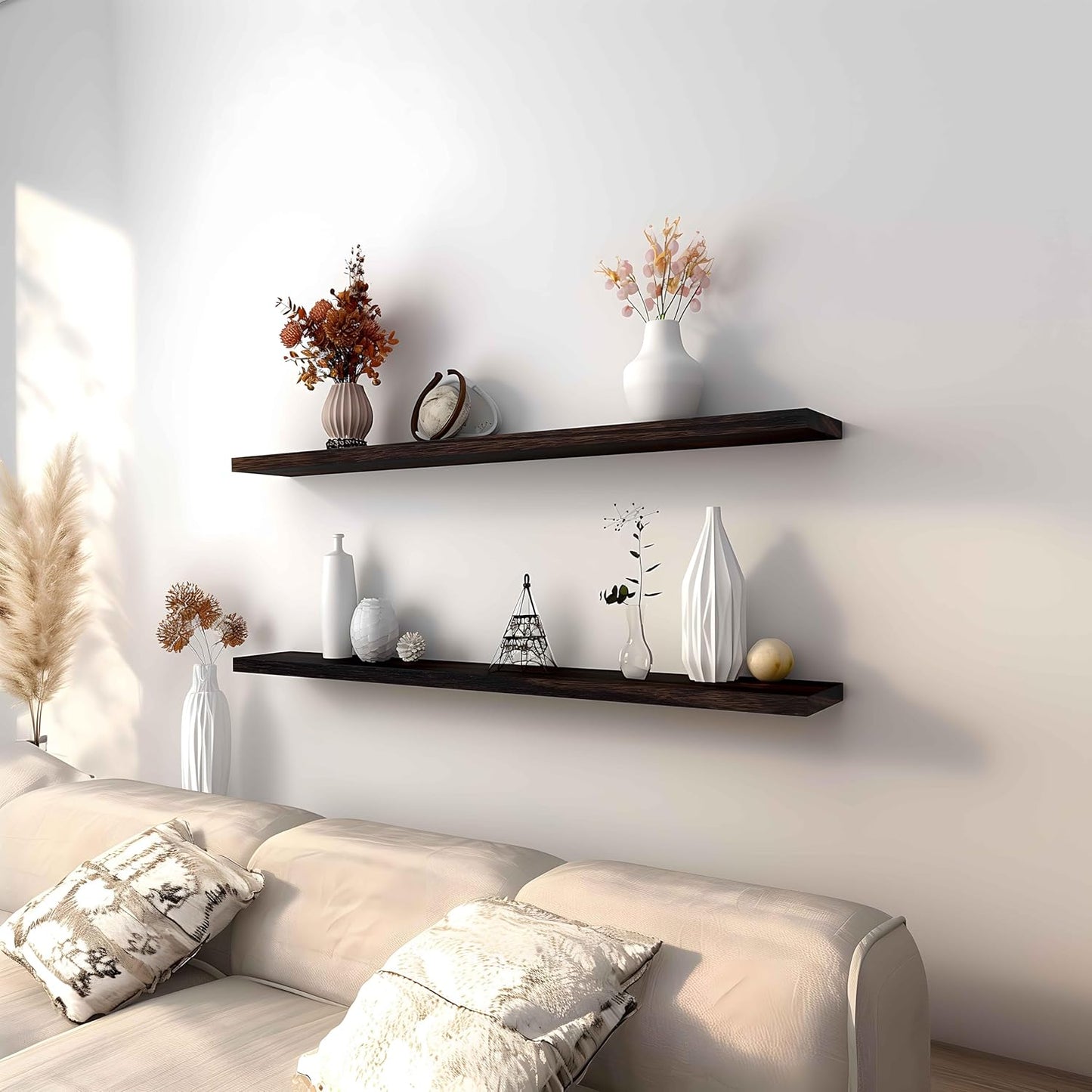 Wood Floating Shelves for Wall Decor, Rustic Wall Shelves for Bedroom Bathroom Kitchen Living Room, Set of 4 Walnut 48 Inch - Décor Diaries