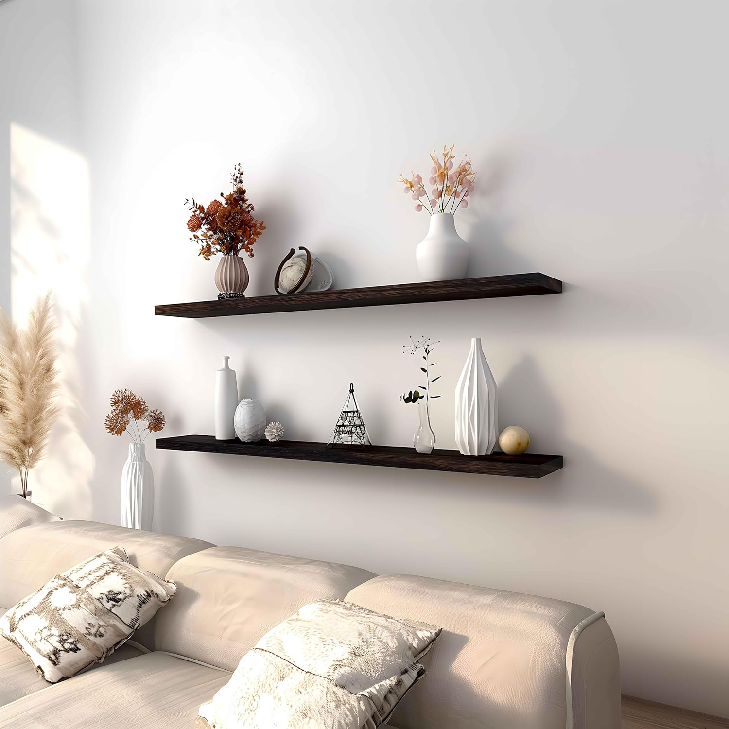 Wood Floating Shelves for Wall Decor, Rustic Wall Shelves for Bedroom Bathroom Kitchen Living Room, Set of 4 Walnut 48 Inch - Décor Diaries