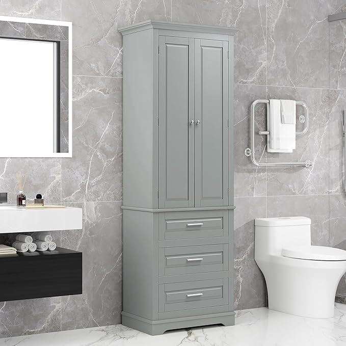62.2" Wide Storage Cabinet Pantry Cupboard with Doors and Drawers for Home Kitchen, Bathroom and Living Room, Adjustable Shelf, White