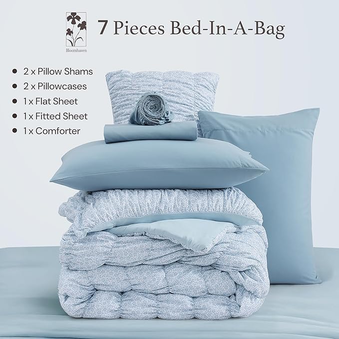 Full Size Comforter Sets - 7 Pieces Puff Cornflower Blue Floral Bedding Set for All Seasons, Shabby Chic Farmhouse Bed in a Bag Full with Floral Comforter, Sheets, Pillowcases & Shams