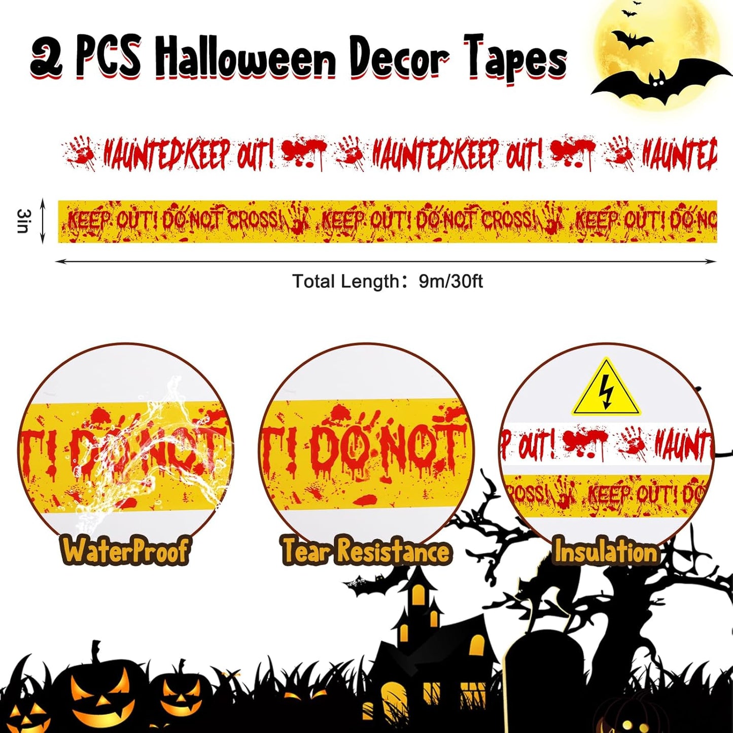 Halloween Decorations, 5 Sheets Wall Decals-Bloody Handprint Stickers, 2 Pack Halloween Banners and 2 PCS Caution Tape Rolls 3inx30ft for Outdoor, Indoor, Party Decor, Haunted Mansion