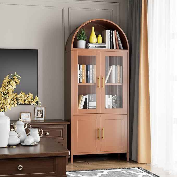 Metal Arched Bookcase Cabinet with 4 Doors,Arched Kitchen Pantry Cabinet for Home Office Living Room,Required Assembly,Brown