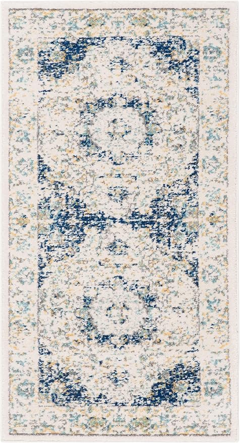SAFAVIEH Evoke Collection Accent Rug - 2'2" x 5', Ivory & Blue, Shabby Chic Oriental Medallion Design, Non-Shedding & Easy to Clean, Ideal for Foyer, Kitchen, Entryway (EVK220C)