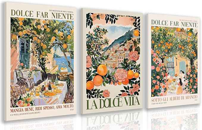 Cyebmo Framed Italy Travel Wall Art set of 3, Trendy Amalfi Coast Wall Decor, Italian Food Wrapped Canvas Artwork, Vintage Italian City Poster Prints for Bedroom Dining Room Living Room 12"x16"x3