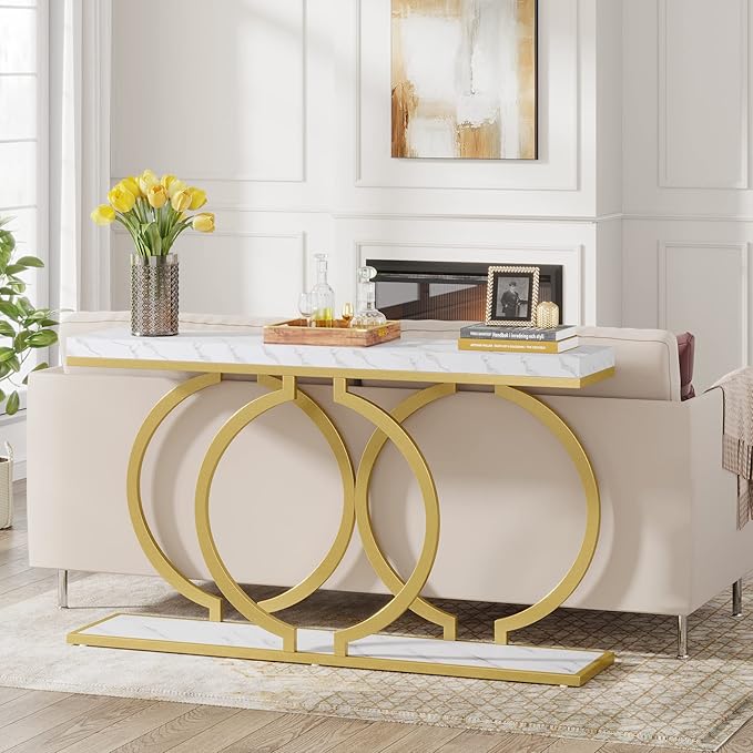 Tribesigns Gold Console Table, 55 inch Modern Entryway Table with Geometric Metal Frame, Faux Marble Narrow Long Sofa Table for Living Room, Entrance, Hallway, White and Gold