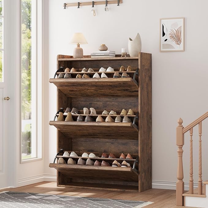 GarveeHome Shoe Cabinet with 3 Flip Drawers, Wooden Shoe Organizer Cabinet with Adjustable Shelf, Shoe Storage for Entryway, Hidden Shoe Cabinet for Hallway, Living Room, Rustic Brown