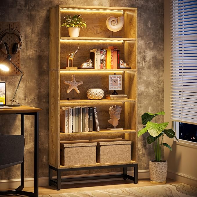 Tribesigns Tall Bookcase and Bookshelf, 70.8" Large Bookcases Organizer with LED Lights, Heavy Duty Free-Standing Library Bookshelf with 5-Tier Storage Shelves for Living Room, Bedroom (Brown)