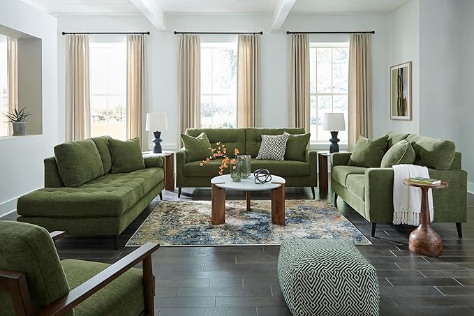 Signature Design by Ashley Bixler Mid-Century Modern Tufted Sofa with 2 Toss Pillows, Green