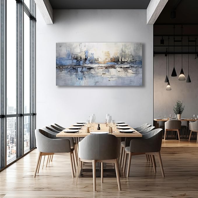 VHMING Abstract Wall Art Wall Decor Blue and Gray White Modern Canvas Wall Paintings Abstract Artwork for Living Room Bedroom Bathroom Office Home Decor Can Be Hung Directly 29"x 58"