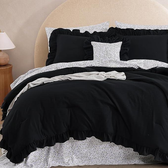 King Comforter Set - 7 Pieces Ruffle Black Bedding Sets, Shabby Chic Farmhouse Bed in a Bag King with Ruffle Comforter, Floral Sheets, Pillowcases & Shams