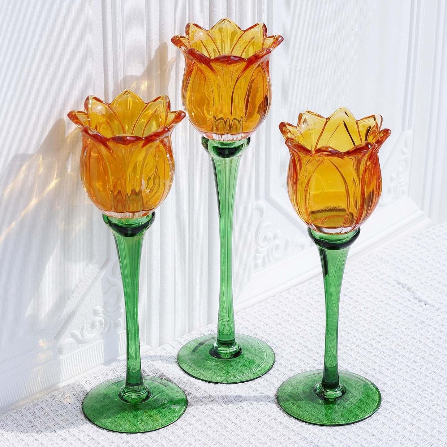 VOHO Orange Tulips Votive Candle Holders for Spring Decor, Elegant Tall Glass Candle Holder Centerpiece Table Decorations, Tulip Tealight Candle Holder for Wedding for Women(Set of3)