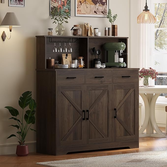 GarveeHome Farmhouse Sideboard Buffet with Microwave Stand, Barn Doors Buffet Storage Cabinet with Drawers and Shelves, Wood Coffee Bar Cabinet for Kitchen, Dining Room, Living Room, Brown