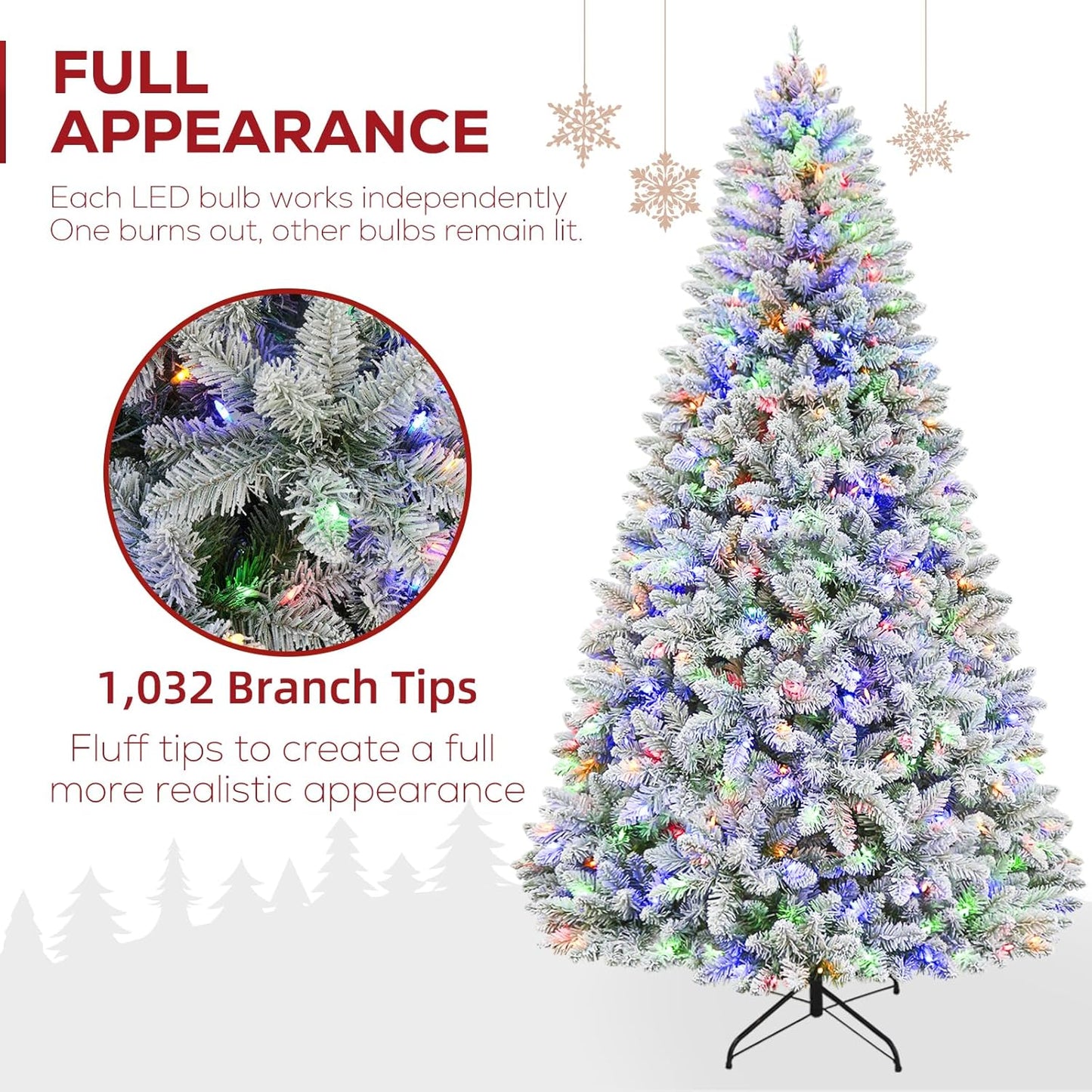 Hykolity 6 ft Prelit Christmas Tree with 250 Color-Changing LED Lights, Snow Flocked Artificial Christmas Tree with 1032 Tips, Metal Stand and Hinged Branches, 10 Colors
